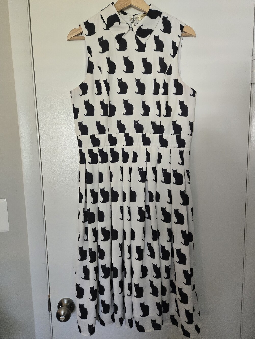 Wayward Fancies Black Cat Collared Fit And Flare Pleated Midi Dress Size Large
